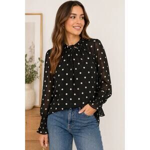 LOFT Black White Polka Dot Blouse Small Sheer Long Sleeve Ruffle Neck Top